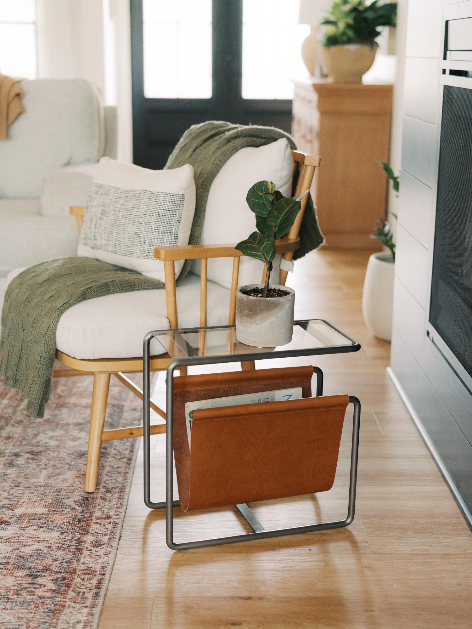 Modern Steel Leather Magazine Rack Side Table, Tempered Glass Top - Etsy