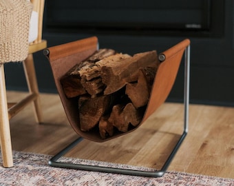 Leather & Steel Firewood Rack, Indoor Log Holder, Modern Minimal Fireplace Storage