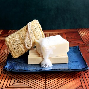 Eco Kitchen Set: Loofah Scrubber, Solid Coconut Dish Soap, Wooden Soap Dish