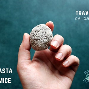 May include: A hand holding a small, gray pumice stone. The stone is labeled "MT. SHASTA PUMICE" and "TRAVEL 0.6 - 0.9 oz".