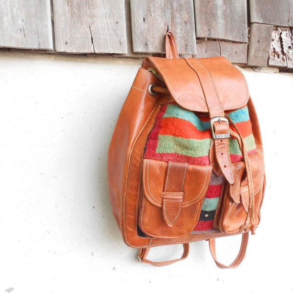 Vintage Handmade Ethnic Tapestry Leather Backpack // Rucksack // Small