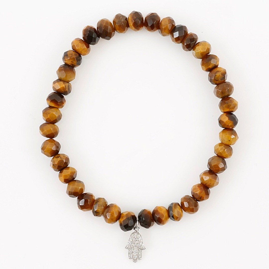 Tiger Eye Beaded Bracelet With 14kt Gold and Diamond Hamsa Hand Charm ...