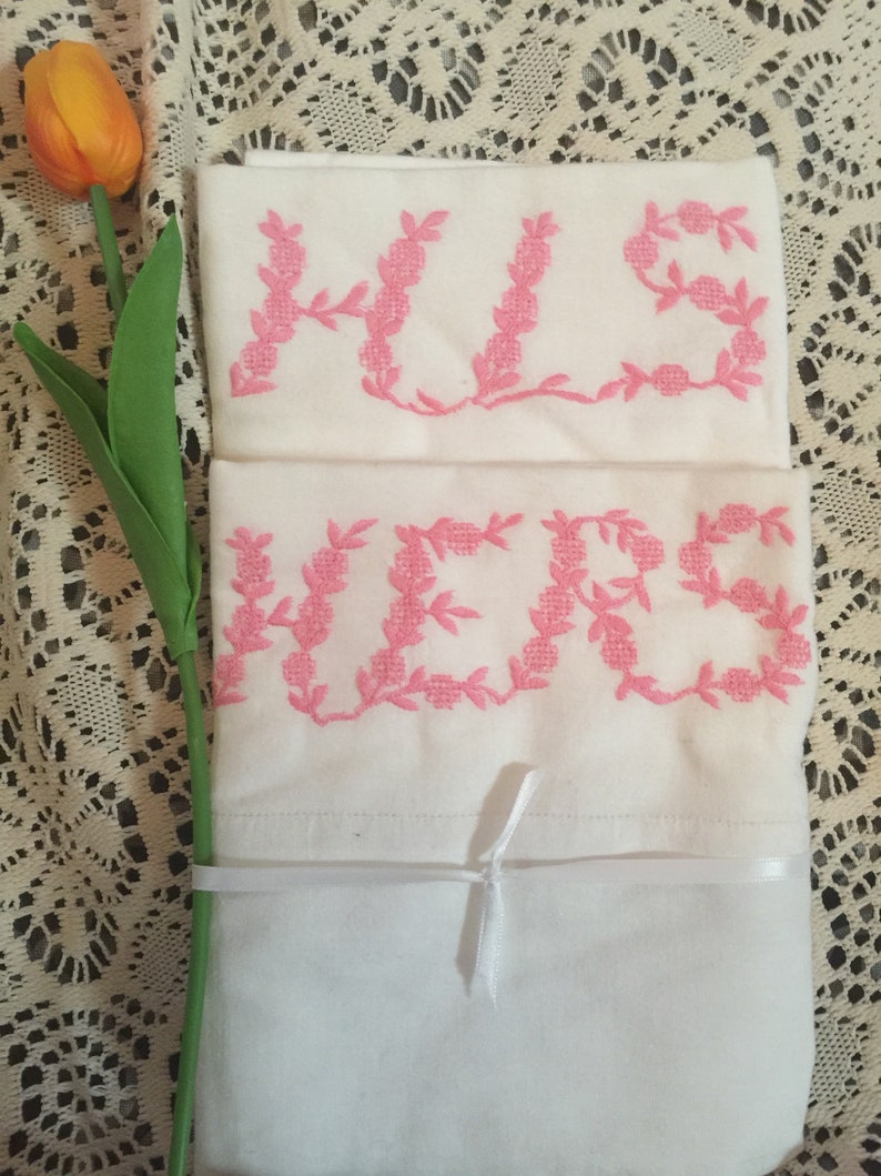 Vintage Pink Embroidered His Hers Bridal Gift Pair Standard Pillowcases Never Used