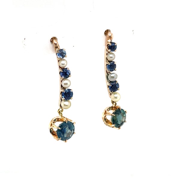 Antique Teal Blue Sapphire and Pearl Earrings Mon… - image 6