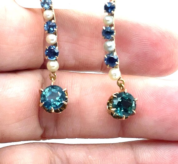 Antique Teal Blue Sapphire and Pearl Earrings Mon… - image 2