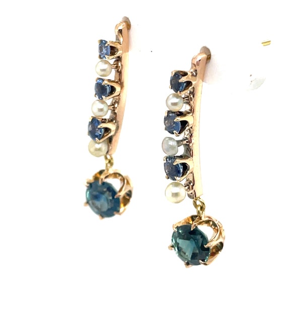 Antique Teal Blue Sapphire and Pearl Earrings Mon… - image 9