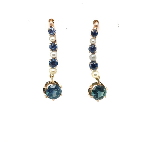 Antique Teal Blue Sapphire and Pearl Earrings Mon… - image 1