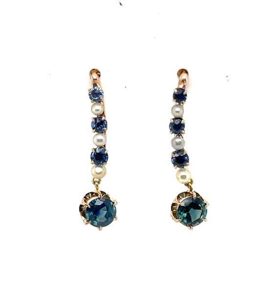 Antique Teal Blue Sapphire and Pearl Earrings Mon… - image 3