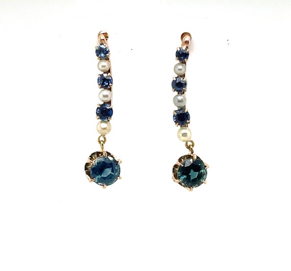 Antique Teal Blue Sapphire and Pearl Earrings Mon… - image 8