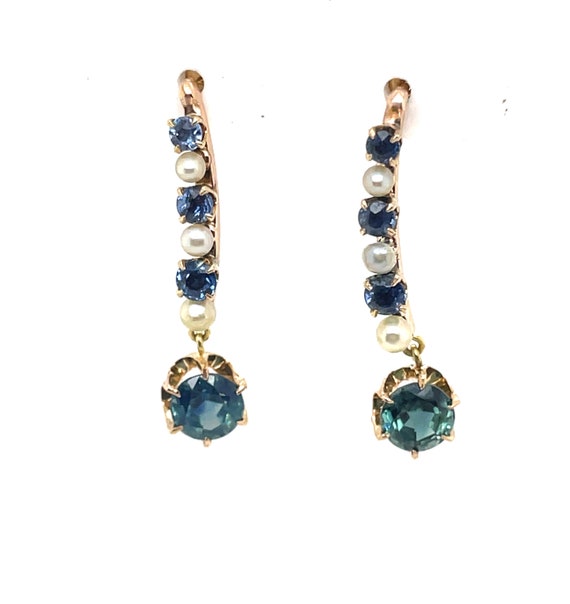 Antique Teal Blue Sapphire and Pearl Earrings Mon… - image 7