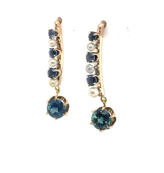 Antique Teal Blue Sapphire and Pearl Earrings Mon… - image 4