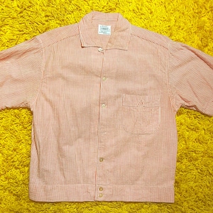 Vintage 50s 60s BRENT Seersucker Shirt Jac Pink & White Loop Collar, Japan