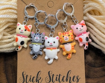 Marcadores de punto de gato: regalo para tejer a crochet, juego de 5 dijes de resina