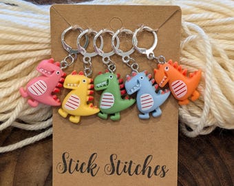 Zestaw 5 znaczników oczek z dinozaurami do robienia na drutach lub szydełkowania