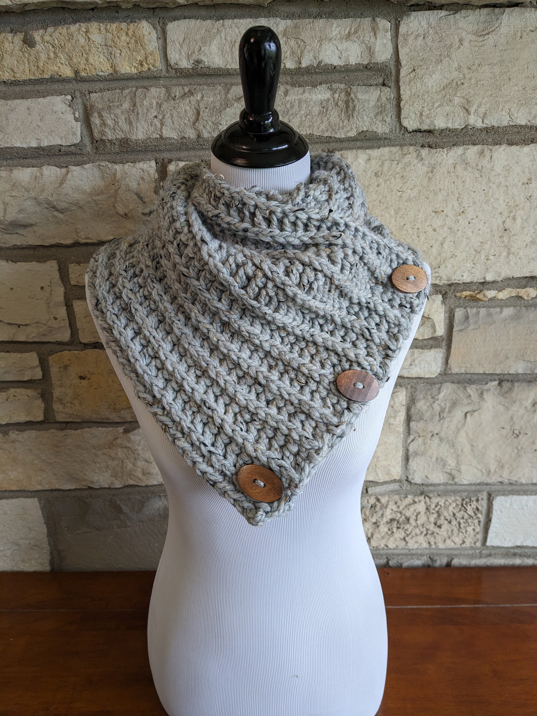 Versatile Wool-Blend Crocheted Button Cowl/Scarf - Boston Harbor Style - Chunky Gray Tweed with Functional Wood Buttons