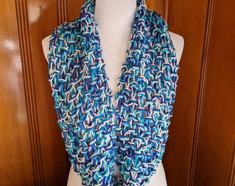 Chunky Open-Knit Infinity Scarf - Ivory, Violet, and Teal Handknit Accessory