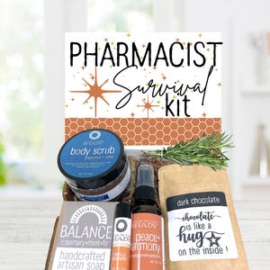 May include: A Pharmacist Survival Kit gift box containing a 5 oz peppermint and coffee body scrub, a Balance rosemary, mint, and fir artisan soap bar, a vanilla rosemary lip balm, a peace and harmony spray, and a dark chocolate treat.