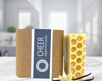 CHEER: Peppermint & Vanilla Bean Soap, Handmade Natural Soap, Artisan Essential Oil Soap, Refreshing Mint Vanilla Soap, 5oz Gift Soap