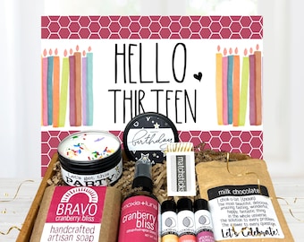 13th Birthday Care Package for Teen Girl: Soap, Birthday Cake Candle, Lip Balm, Chocolate, Aromatherapy, Gift Wrapped