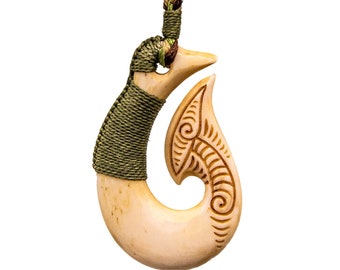 Hand Carved Master Carver Aged Bone Fish Hook Necklace with Specialty Binding