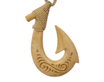 Stylized Maori Hawaiian Aged Bone  Fish Hook Necklace