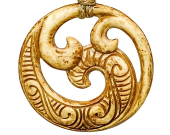 Hand Carved Aged Bone Maori Inspired Triple Koru Spiral Necklace