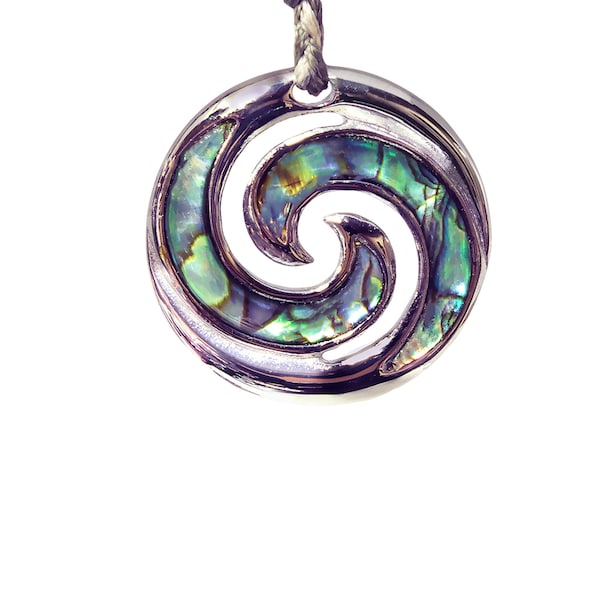 Stainless Steel Double Koru Spiral Necklace with New Zealand Paua Shell