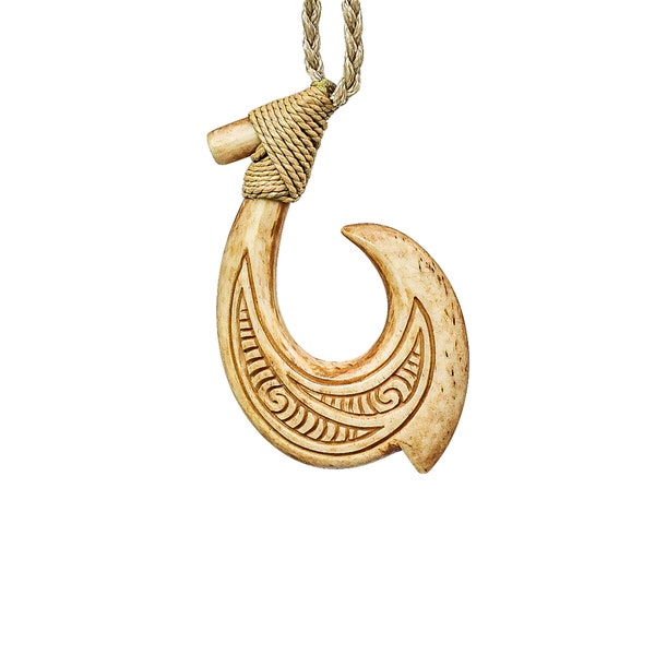 Stylized Maori Hawaiian Bone Fish Hook Necklace with Scrimshaw