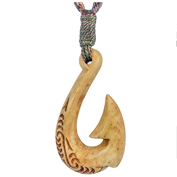 Stylized Maori Hawaiian Aged Bone Fish Hook Necklace with Scrimshaw