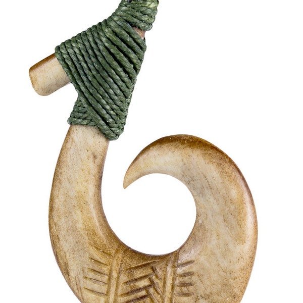 Hand Carved Pacific Island Hawaiian Inspired Aged Bone Fish Hook with Scrimshaw (both sides).