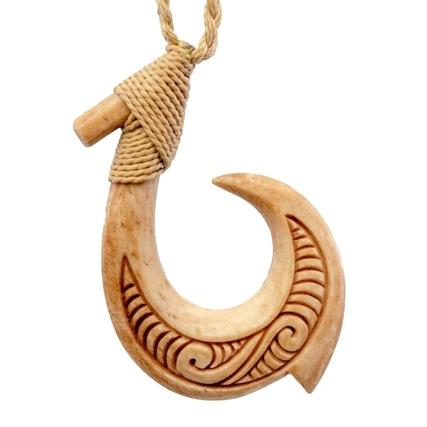 Stylized Maori Hawaiian Bone Fish Hook Necklace with Scrimshaw doubled sided