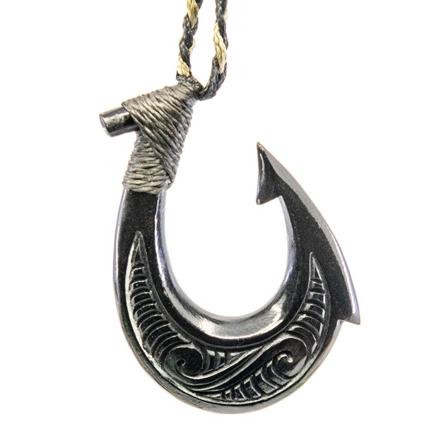 Double Sided Stylized Hawaiian Black Horn Fish Hook with Scrimshaw.