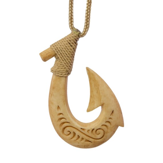 Stylized Maori Hawaiian Aged Bone Fish Hook Necklace 