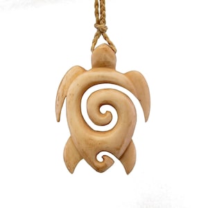 Hand Carved Bone Stylized Sea Turtle with Koru Spiral 42mm