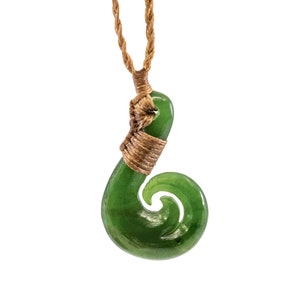 Nephrite Jade New Zealand Maori Inspired Bound  Fishhook Necklace With Koru Spiral