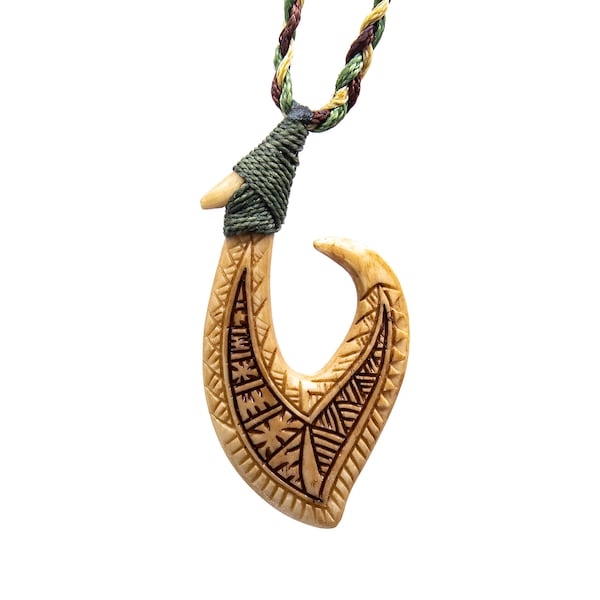 Aged Bone Pacific Islands Inspired Fish Hook Necklace with Specialty Scrimshaw