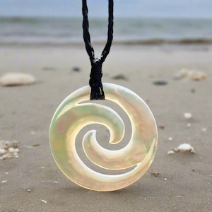 Hand Carved Nacre Mother of Pearl Double Spiral Koru Necklace (white)