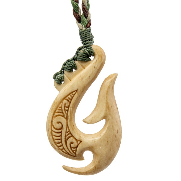 Hand Carved Bone Fish Hook with Scrimshaw and Specialty Binding.