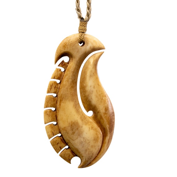 Stylized Maori Hawaiian Aged Bone Fish Hook Necklace
