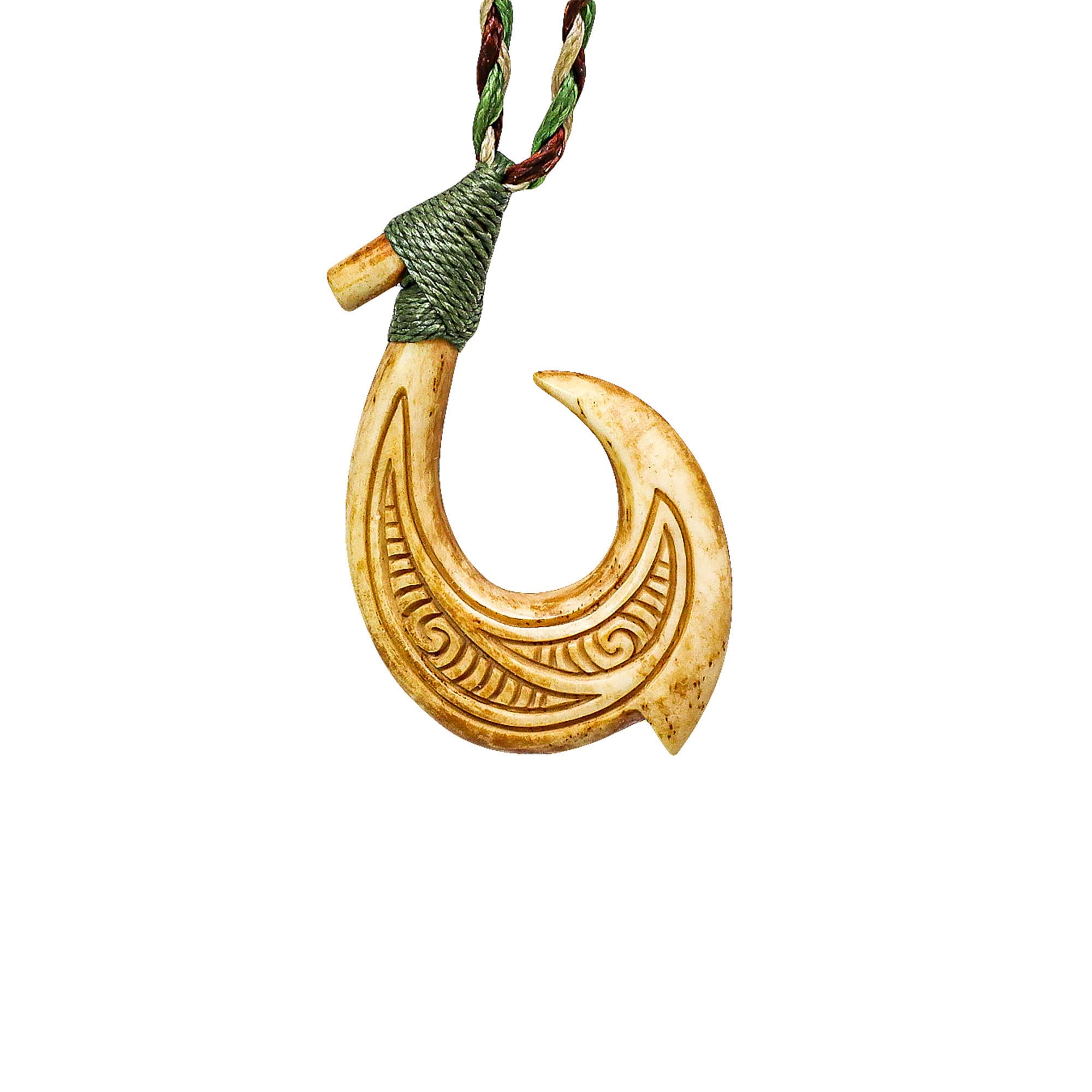 Hawaiian/maori Aged Bone Fish Hook Necklace With Scrimshaw & Camo Cord -   Canada