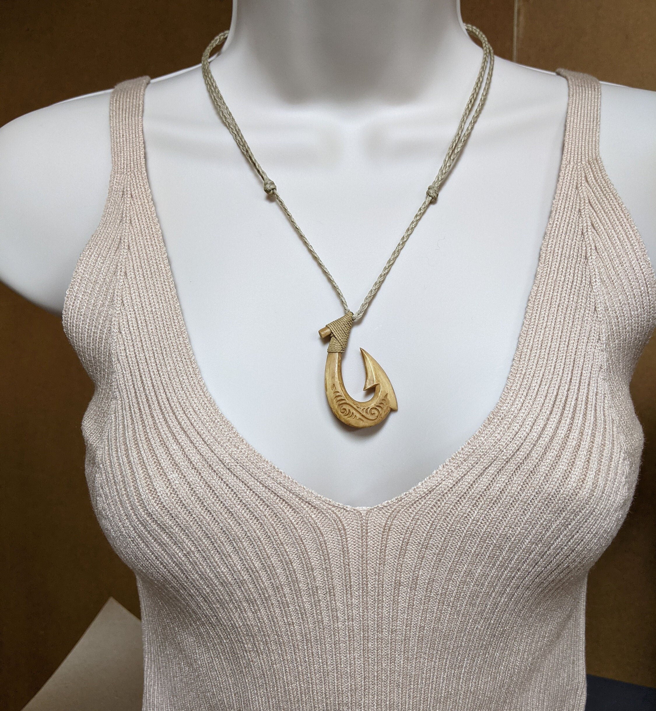 Aged Bone Fish Hook Necklace With Scrimshaw Camo Cord -  Canada