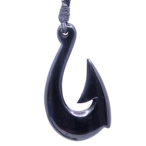 Hand Carved Black Horn Fish Hook Necklace: Hawaiian Good Luck Symbol