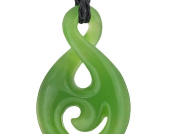 Hand Carved Natural  Nephrite Jade New Zealand Maori Inspired Infinity Loop with Spiral Necklace