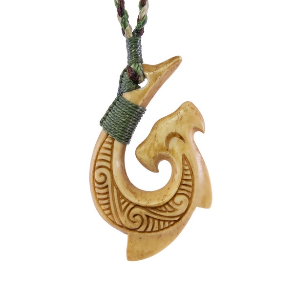 Hawaiian Aged Bone Hammerhead Shark Fish Hook Necklace with Scrimshaw and Camo Cord.