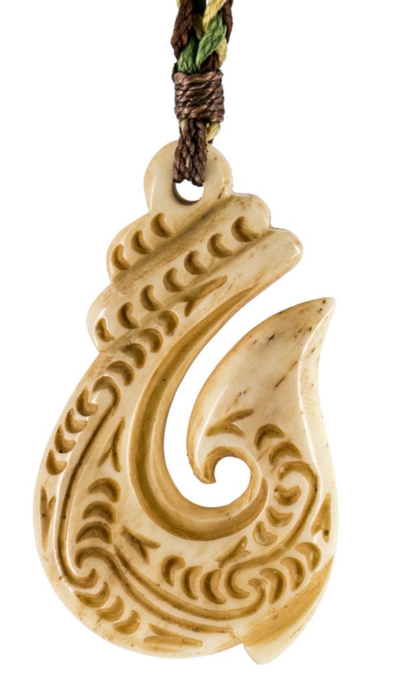 Hand Carved Bone Ornate Stylized Maori Hawaiian Fish Hook Necklace -  UK