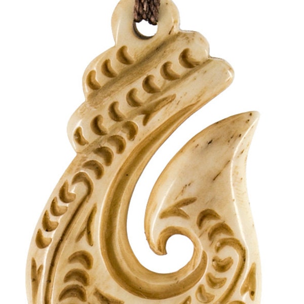 Hand Carved Bone Ornate Stylized Maori Hawaiian Fish Hook Necklace