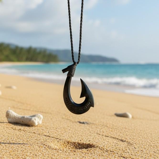 Hand Carved Stylized Hawaiian Fish Hook Necklace With Scrimshaw - Etsy