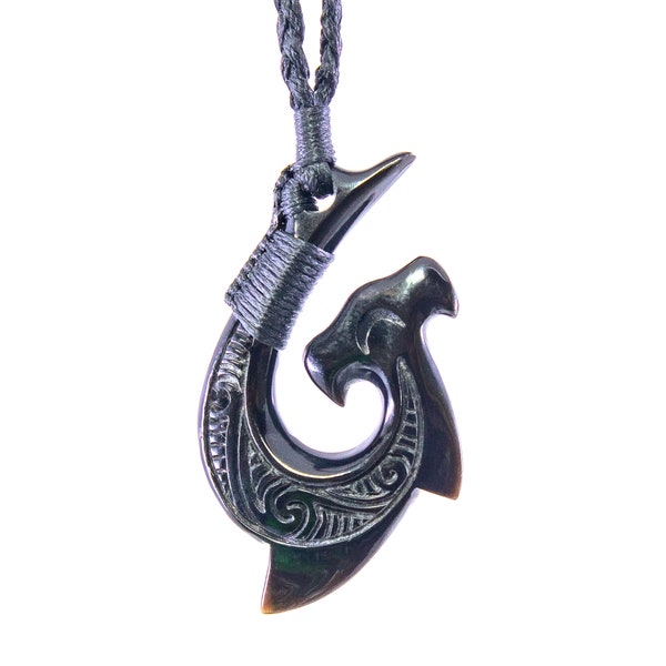 Hawaiian Black Horn Hammerhead Shark Fish Hook Necklace with Scrimshaw