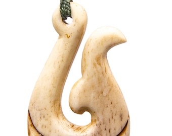 Aged Bone Fish Hook Whale Tail with New Zealand Paua Shell Inlay
