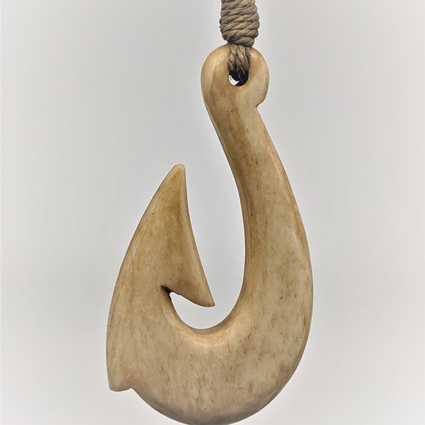 Hand Carved Solid Bone Stylized Pacific Islands Hawaiian Fish Hook Necklace